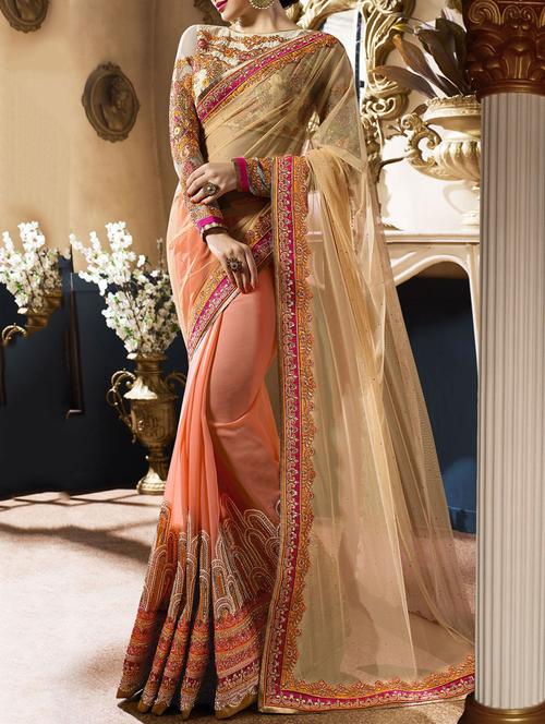 beige and pink half & half saree with blouse - 14384923 - Very Small Image - 1