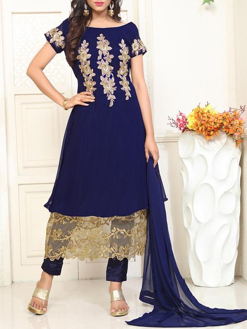 blue semi-stitched straight pant suit - 14384938 - Very Small Image - 1