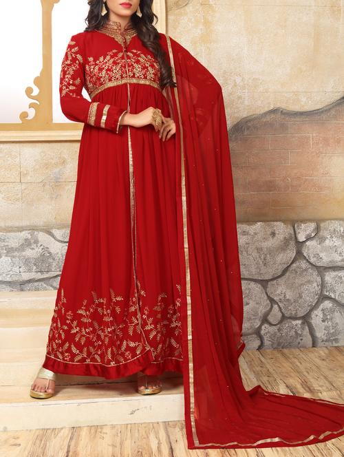 Red flared semi stitched suit - 14384946 - Very Small Image - 1