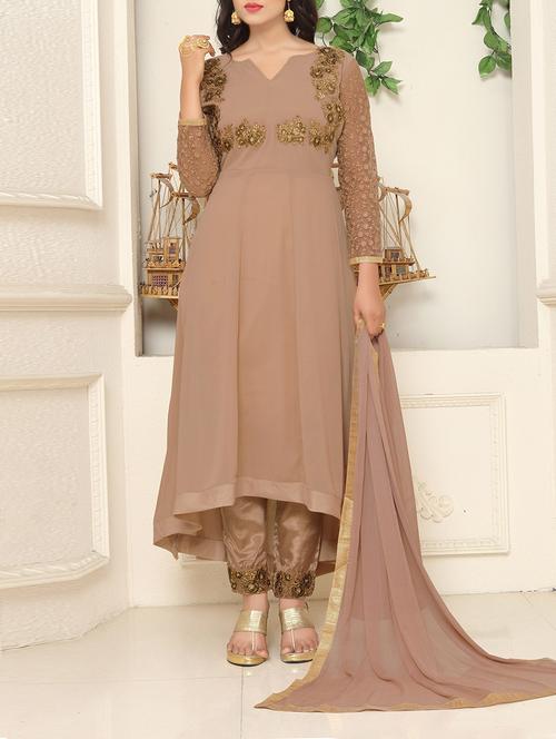 beige high low semi-stitched suit - 14384948 - Very Small Image - 1