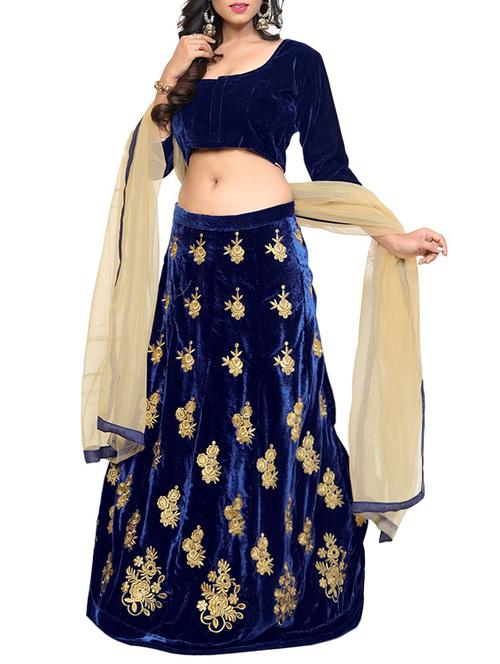 blue velvet embroidered semi-stitched panelled lehenga - 14385886 - Very Small Image - 1
