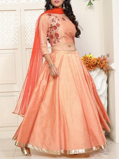orange flared silk lehenga - 14389012 - Very Small Image - 1