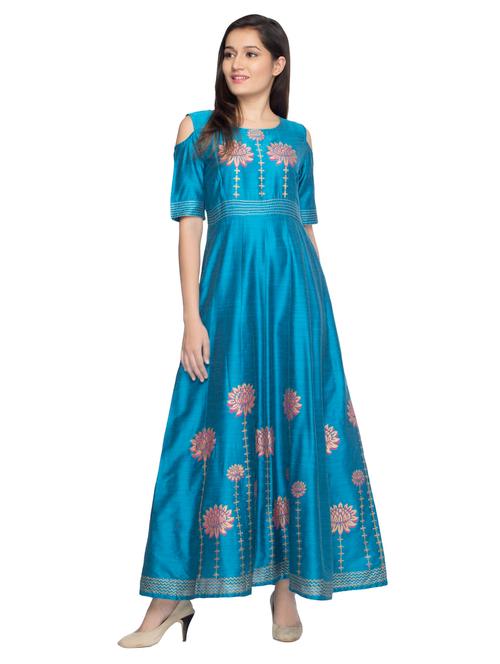 turquoise silk blend semi-stitched gown - 14389478 - Very Small Image - 1