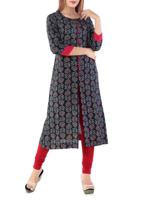 grey printed cotton a-line kurta - 14391624 - Very Small Image - 1