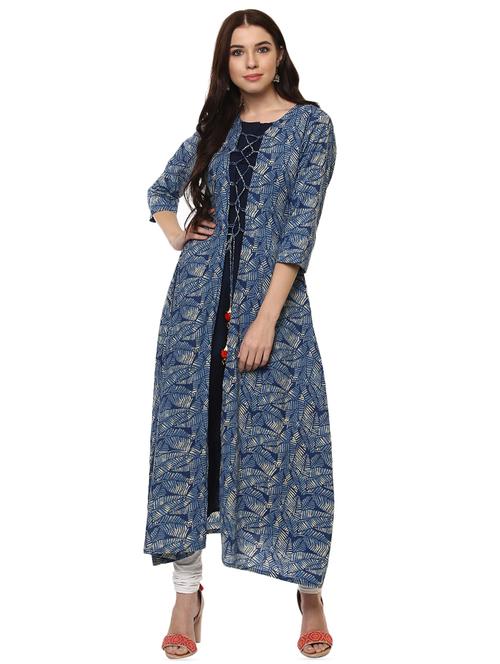blue cotton a-line kurta - 14396634 - Very Small Image - 1