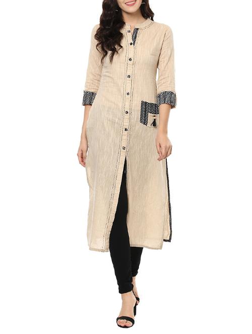 beige cotton straight kurta - 14396662 - Very Small Image - 1