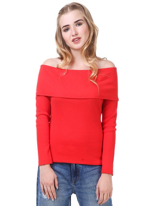 red cotton lycra off shoulder pullover - 14398267 - Very Small Image - 1