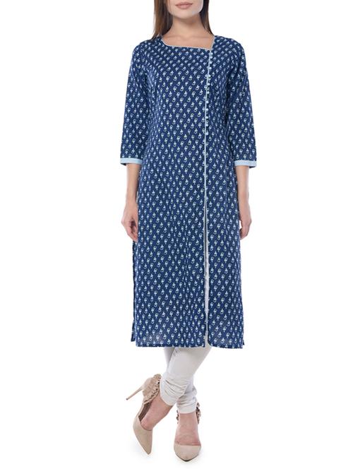 vedic blue cotton straight kurta - 14399674 - Very Small Image - 1