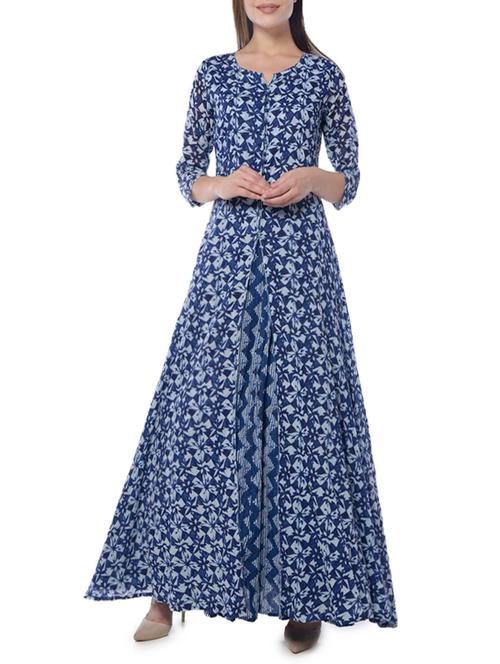 blue cotton flared kurta - 14399703 - Very Small Image - 1