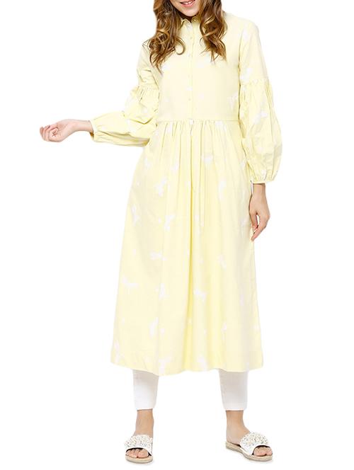 yellow cotton flared kurta - 14401274 - Very Small Image - 1