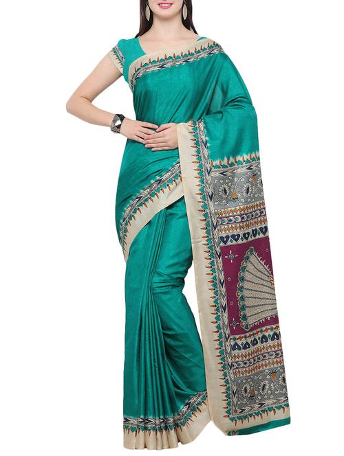 contrast bordered tussar silk saree with blouse - 14409804 - Very Small Image - 1