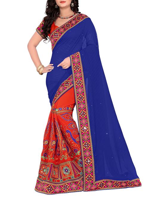 blue and orange half & half saree with blouse - 14416389 - Very Small Image - 1