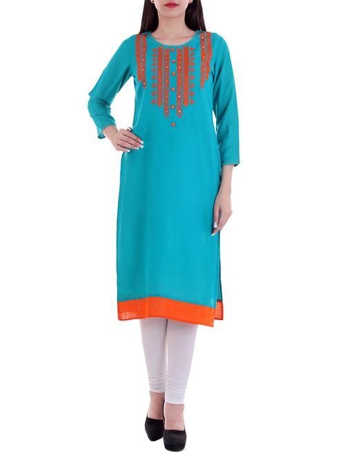 turquoise rayon straight kurta - 14421941 - Very Small Image - 1