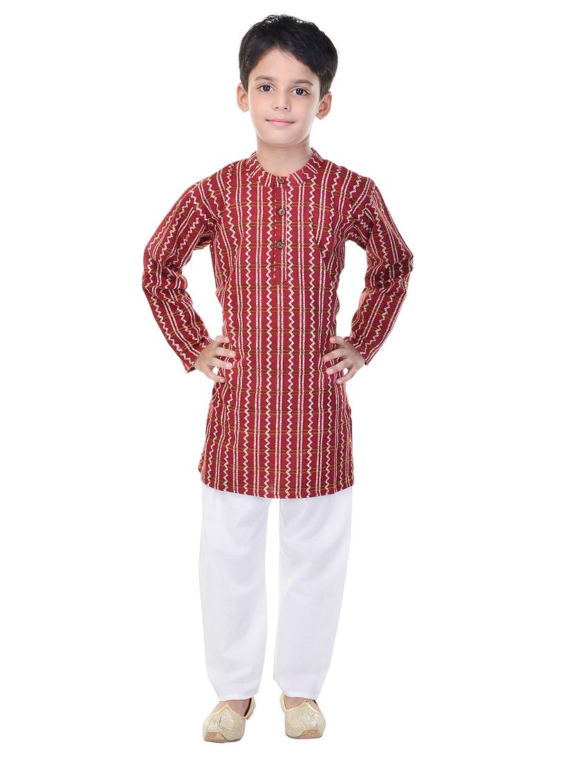 red and white cotton kurta set - 14428925 - Zoom Image - 3