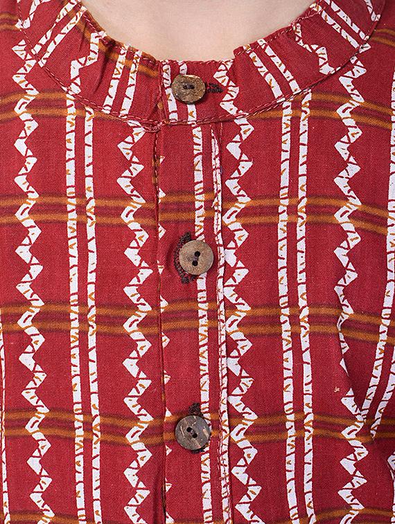 red and white cotton kurta set - 14428925 - Zoom Image - 4