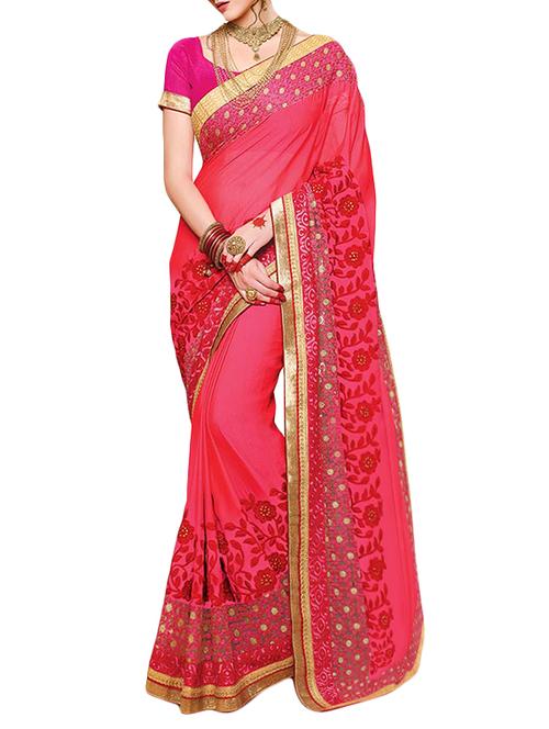 pink georgette embroidered saree with blouse - 14431238 - Very Small Image - 1