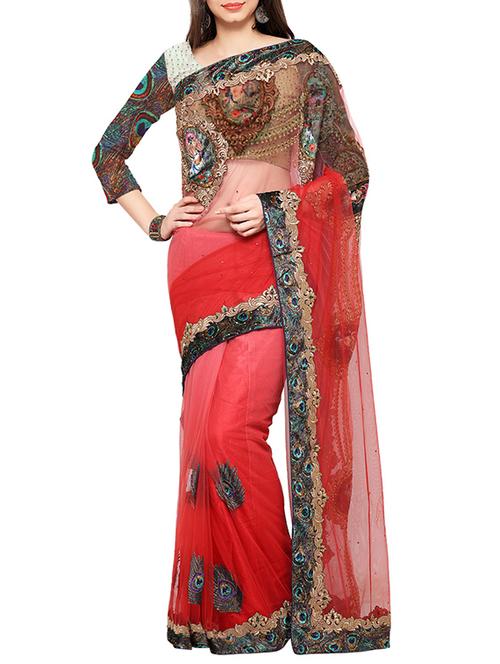 red net embroidered saree with blouse - 14431622 - Very Small Image - 1