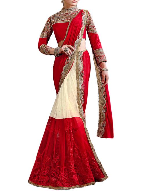 red & beige embroidered lehenga saree with blouse - 14431665 - Very Small Image - 1