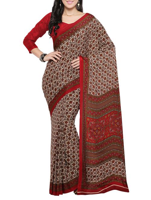 beige crepe printed saree with blouse - 14433827 - Very Small Image - 1