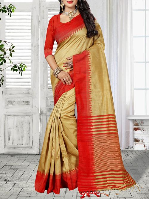 cream cotton silk bordered saree with blouse - 14435287 - Very Small Image - 1