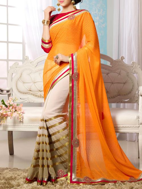 orange chiffon half and half saree with blouse - 14441348 - Very Small Image - 1