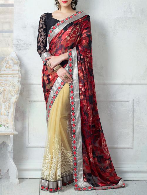 beige half and half saree with blouse - 14441450 - Very Small Image - 1