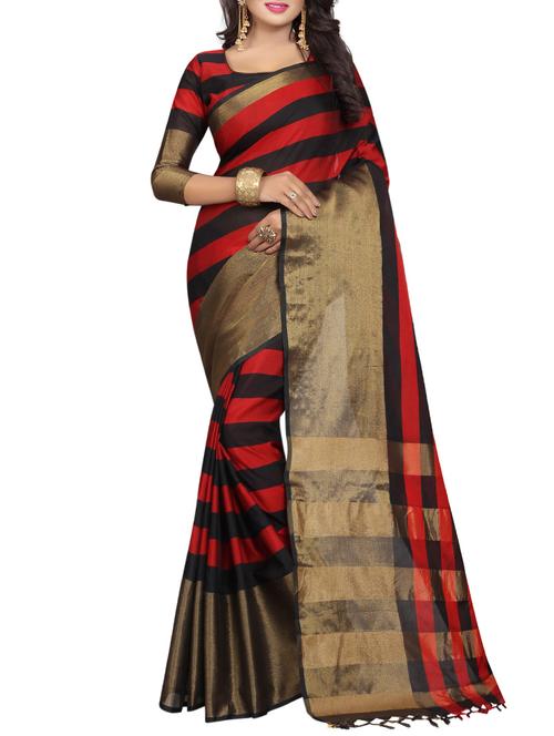 red & black woven saree with blouse - 14441947 - Very Small Image - 1