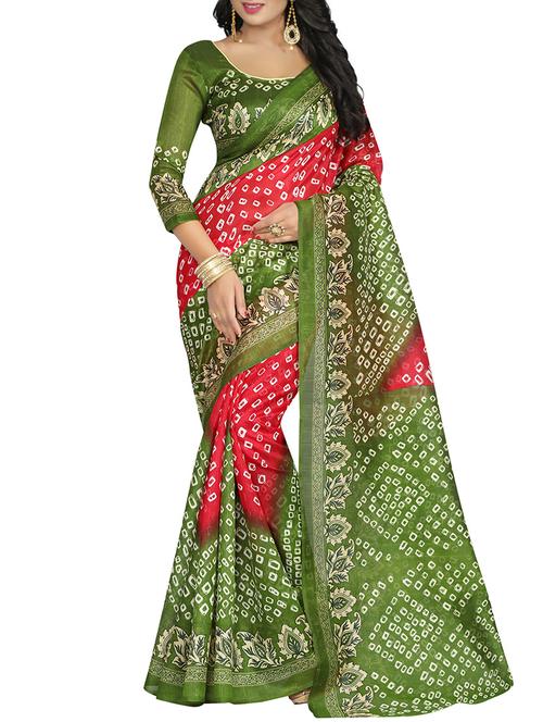 red & green bandhani saree with blouse - 14441959 - Very Small Image - 1
