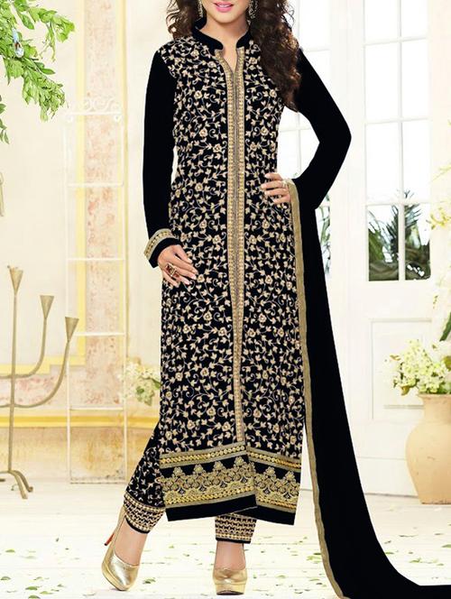 Black Semi-stitched Straight Pant Suit - 14442317 - Very Small Image - 1