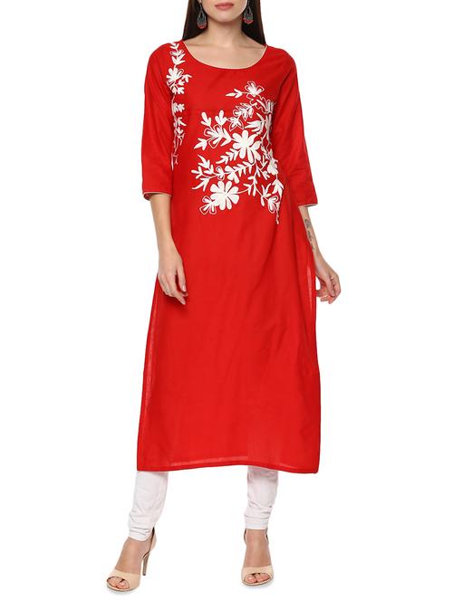 red cotton straight kurta - 14443298 - Very Small Image - 1