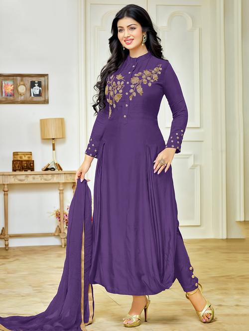 purple cotton flared dress material - 14444743 - Very Small Image - 1