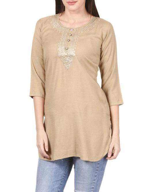 beige rayon straight kurti - 14446834 - Very Small Image - 1