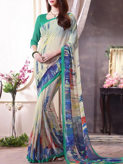 white printed saree with blouse - 14448438 - Very Small Image - 1