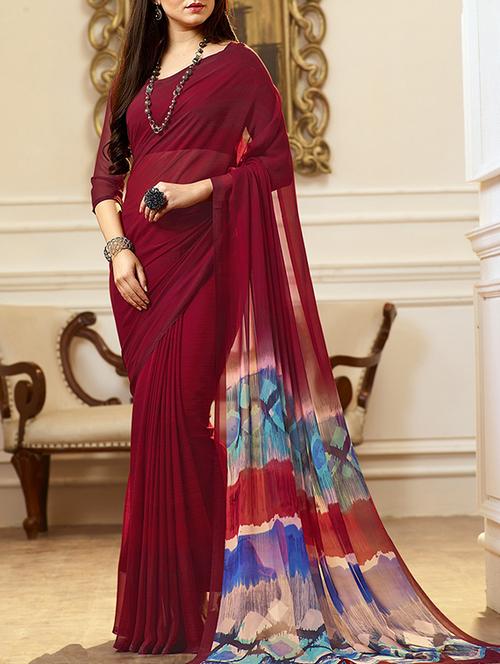 maroon georgette printed saree with blouse - 14449018 - Very Small Image - 1