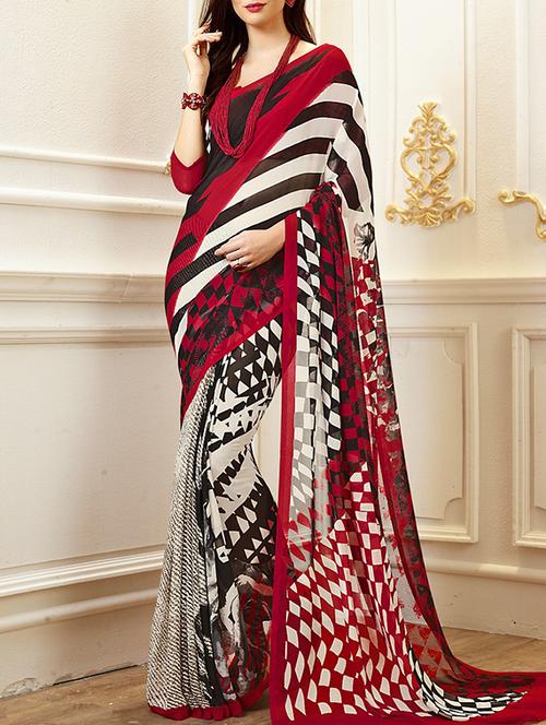 red printed saree - 14449023 - Very Small Image - 1