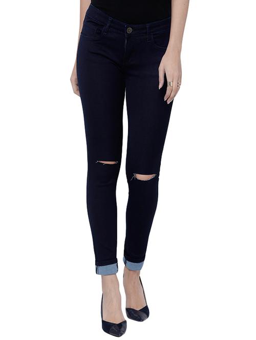 dark blue knee slit denim jeans - 14451937 - Very Small Image - 1