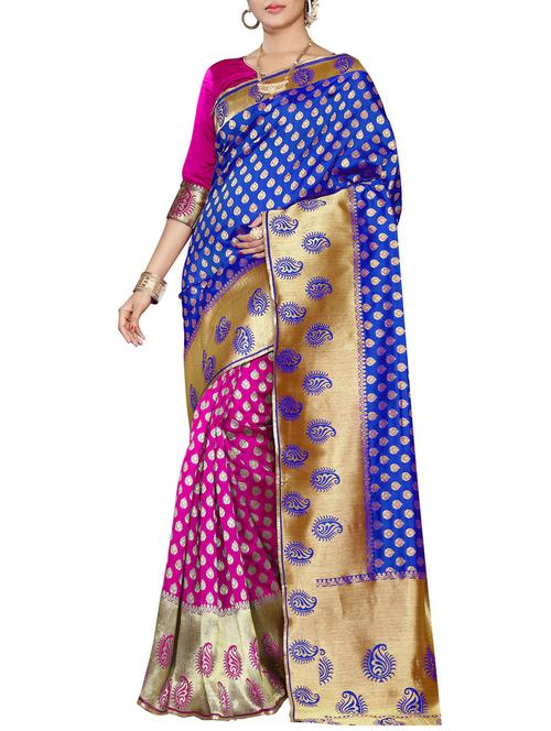 blue cotton silk banarasi saree with blouse - 14456558 - Very Small Image - 1