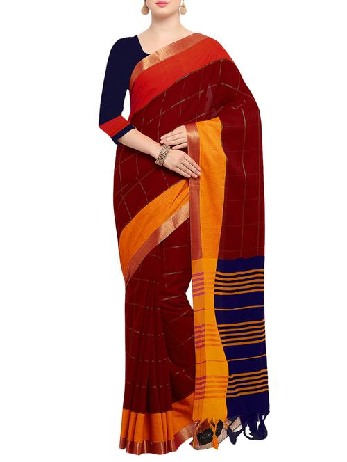maroon silk blend handloom saree with blouse - 14456848 - Very Small Image - 1