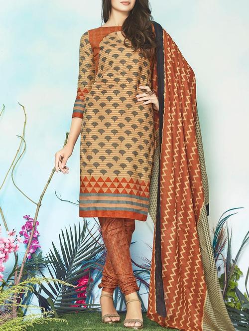 brown cotton unstitched dress material - 14456912 - Very Small Image - 1