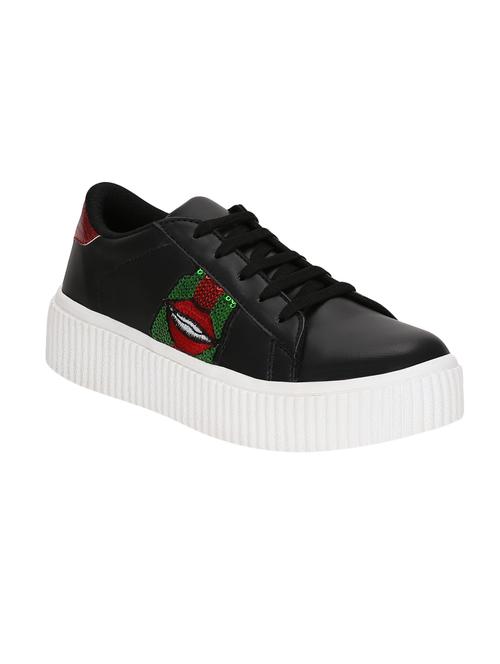 black faux leather laceup sneakers - 14457877 - Very Small Image - 1
