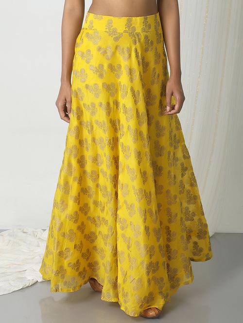 TrueBrowns yellow chanderi silk flared skirt - 14465751 - Very Small Image - 1