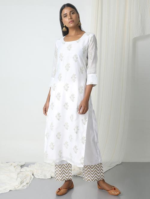 TrueBrowns white chanderi straight kurta - 14465930 - Very Small Image - 1