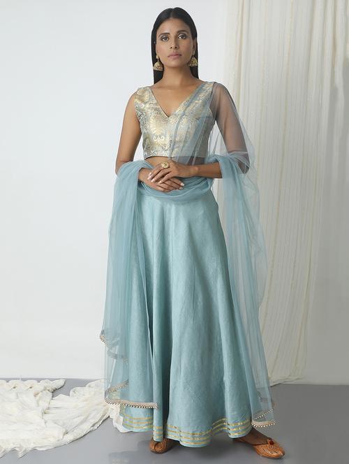 blue chanderi flared lehenga - 14465946 - Very Small Image - 1