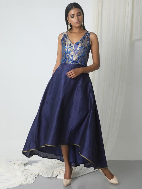 TrueBrowns Blue uneven hem flared dress with silk brocade yoke - 14466009 - Very Small Image - 1