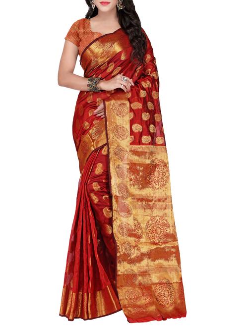 Maroon Silk Banarasi Saree With Blouse - 14469405 - Very Small Image - 1