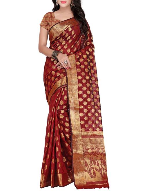 maroon silk blend banarasi saree with blouse - 14469418 - Very Small Image - 1