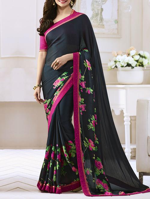 blue georgette printed saree with blouse - 14473327 - Very Small Image - 1