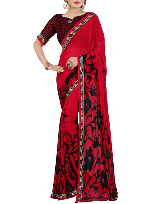 red georgette printed saree with blouse - 14473681 - Very Small Image - 1