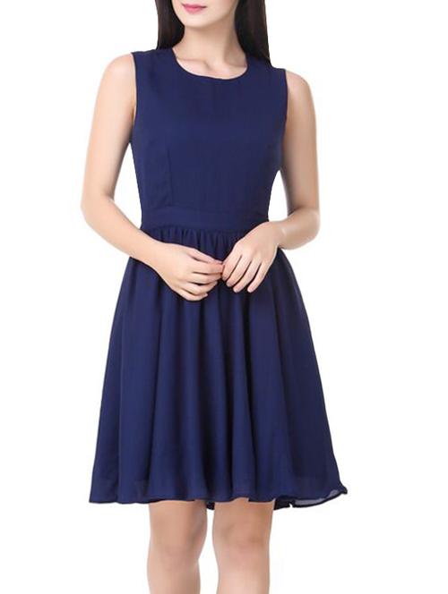 navy blue poly georgette a-line dress - 14485386 - Very Small Image - 1