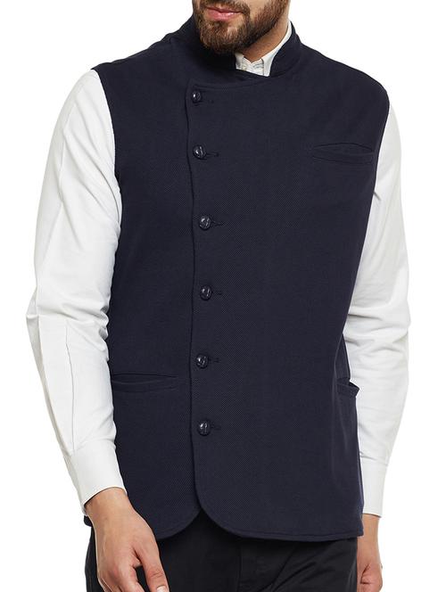 navy blue cotton nehru jacket - 14485607 - Very Small Image - 1